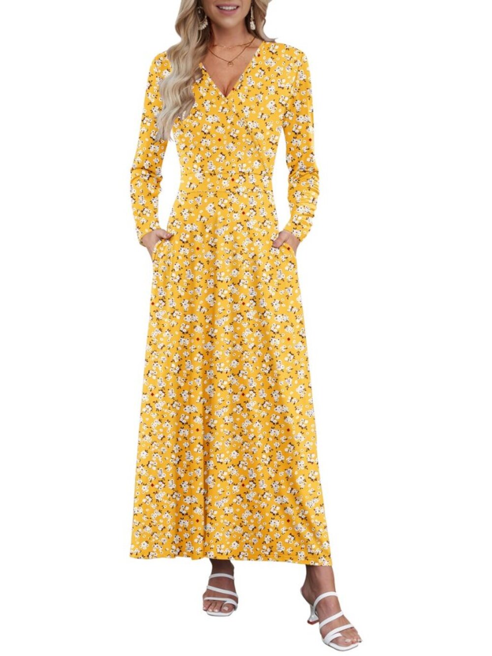 Long Sleeve Maxi Dress for Women Fall V Neck Wrap Dress